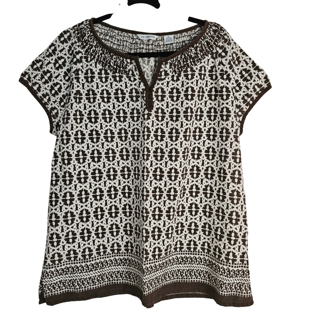 Liz Claiborne Brown Smocked Split Neck Linen Blend Blouse XL Clean Girl Natural